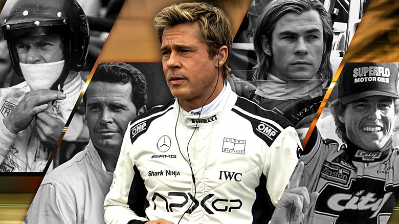 Joshua Pearce (Damson Idris) and Sonny Hayes (Brad Pitt) stand stoically next to each other in F1