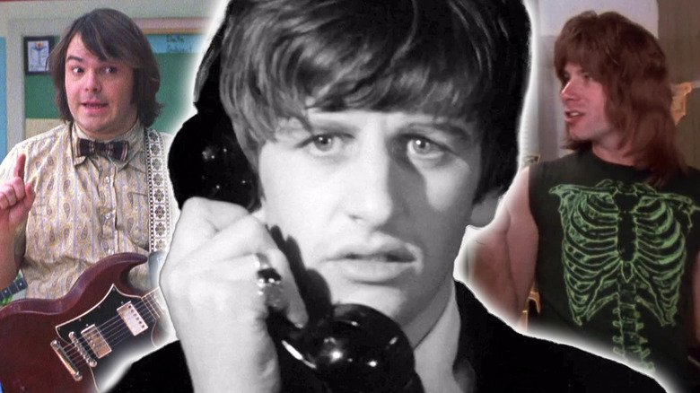 A collage of Ringo Starr on the phone in A Hard Day's Night, with Dewey Finn (Jack Black) in School of Rock on the left, and Nigel Tufnel (Christopher Guest) in This Is Spinal Tap on the right