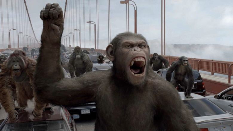 Andy Serkis as Caesar leading the charge of apes on the Golden Gate Brudge in Rise of the Planet of the Apes