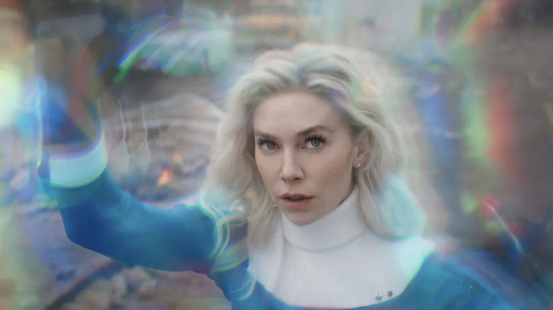 Vanessa Kirby as Sue Storm / Invisible Woman using her invisibility powers to fight Galactus in The Fantastic Four: First Steps
