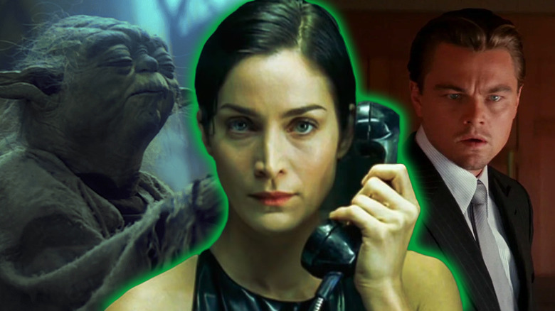 Trinity in The Matrix surrounded by Yoda in Empire Strikes Back and Cobb in Inception in a composite image