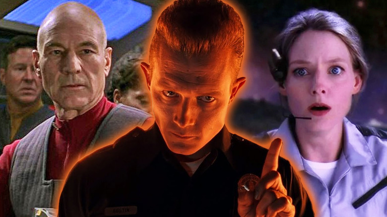 Patrick Stewart as Picard in Star Trek First Contact, Robert Patrick as the T-1000 in Terminator 2, and Jodie Foster as Ellie in Contact