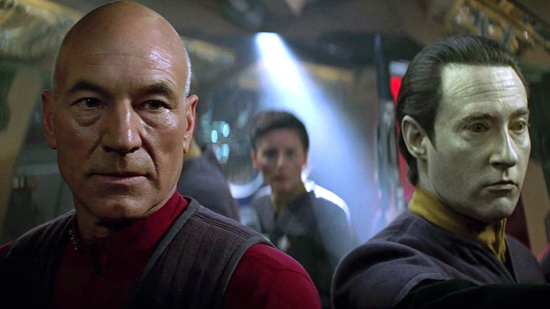 Patrick Stewart as Picard and Brent Spiner as Data, facing down the Borg in Star Trek First Contact