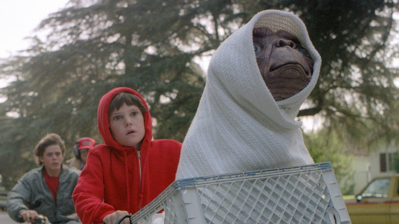 E.T. sits in the front basket of a bicycle riding with Elliott Taylor (Henry Thomas) in E.T. the Extra-Terrestrial