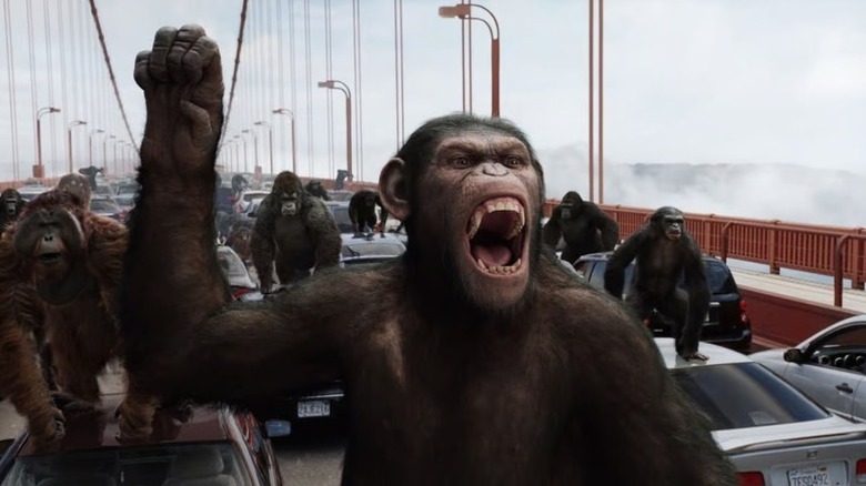 Caesar (Andy Serkis) leads an army of apes across the Golden Gate Bridge in Rise of the Planet of the Apes