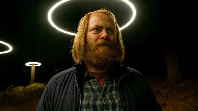 Forest (Nick Offerman) with a halo of light around his head on Devs