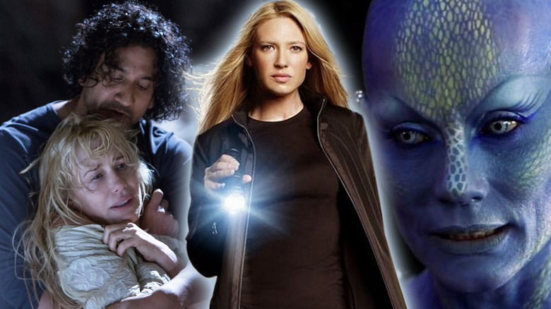 Anna Torv in Fringe surrounded by Virginia Hey in Farscape and Naveen Andrews and Daryl Hannah in Sense8 in a composite image
