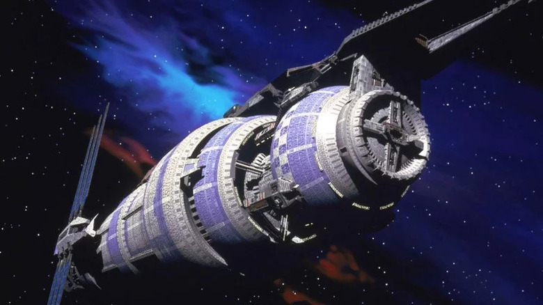 The Babylon 5 cruises through outer space in Babylon 5