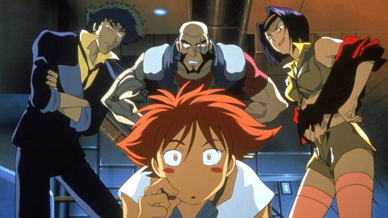 Spike Spiegel, Jet Black, and Faye Valentine glare at Edward in Cowboy Bebop (1998)