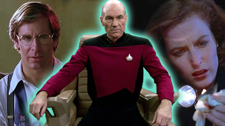 A collage of Jean-Luc Picard (Patrick Stewart) in Star Trek: The Next Generation, with Sam Beckett (Scott Bakula) in Quantum Leap on his left and Dana Scully (Gillian Anderson) in The X-Files on his right
