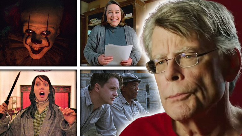 Stephen King next to shots from IT (2017), Misery, The Shining, and The Shawshank Redemption