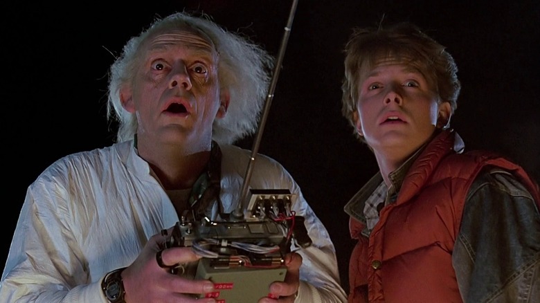 Doc Brown (Christopher Lloyd) and Marty McFly (Michael J. Fox) looks aghast in Back To The Future