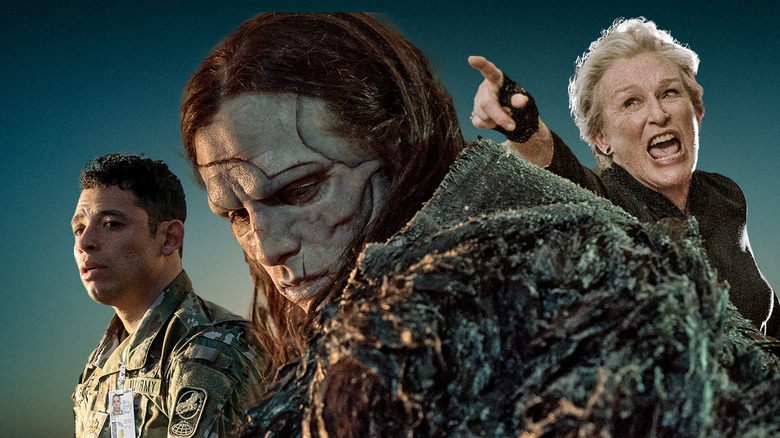 Collage of images from House of Dynamite, Frankenstein, and Wake Up Dead Man