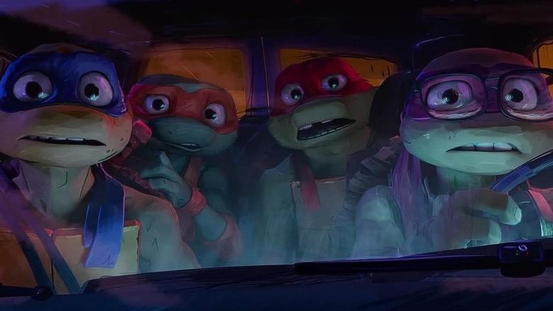 Leonardo (Nicolas Cantu), Michelangelo (Shamon Brown Jr.), Raphael (Brady Noon), and Donatello (Micah Abbey) ride nervously in a van in Teenage Mutant Ninja Turtles: Mutant Mayhem