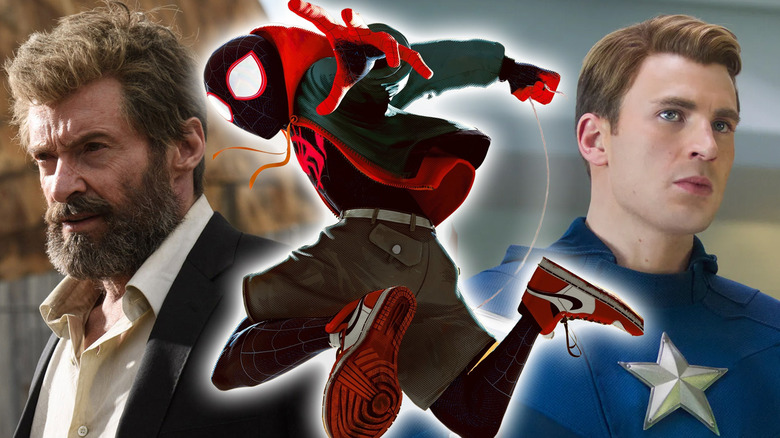 Miles Morales in Spider-Man: Into the Spider-Verse surrounded by Hugh Jackman in Logan and Chris Evans in The Avengers in a composite image