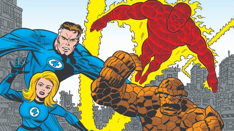 Reed Richards, Sue Storm, Johnny Storm, and Ben Grimm running in Fantastic Four: The World's Greatest Comics Magazine