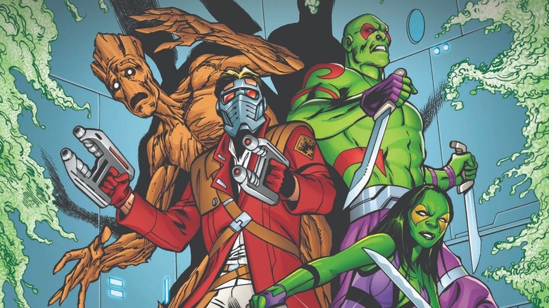 Groot, Star-Lord, Drax, and Gamora backed against a wall in Guardians Of The Galaxy: Mother Entropy