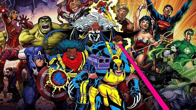Composite of the Avengers, the X-Men, and the Justice League heading toward battle
