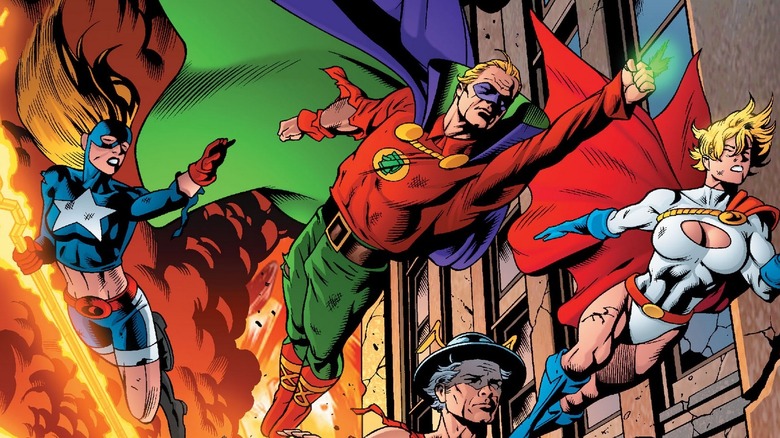 Stargirl, Green Lantern, Power Girl, and the Flash in action in Justice Society of America #1