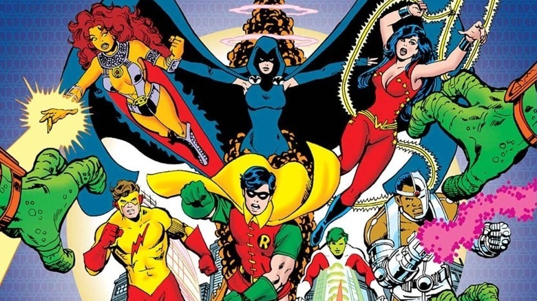 Starfire, Raven, Robin, Beast Boy, Cyborg, Kid Flash, and Wonder Girl running in The New Teen Titans Vol. 1
