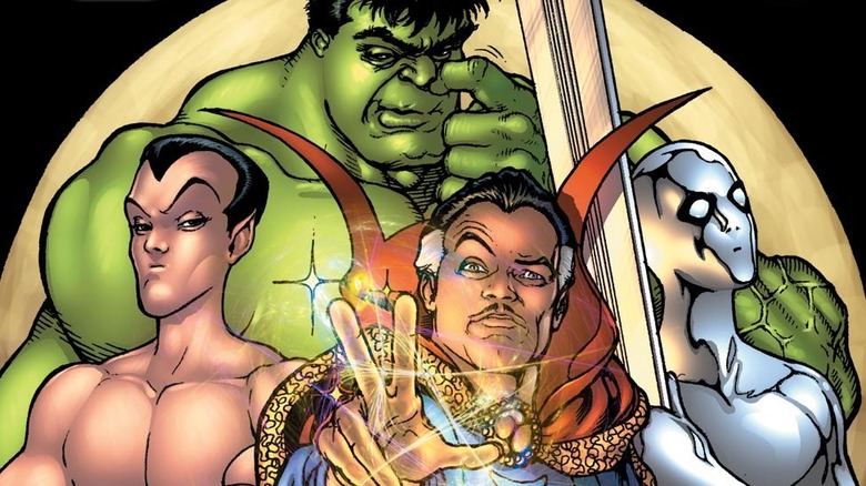 Hulk, Namor, Silver Surfer, and Doctor Strange posing together in Defenders #1