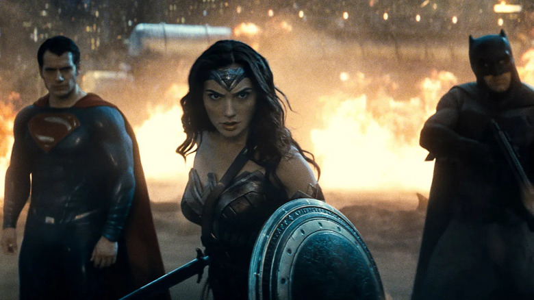 Henry Cavill as Superman stands next to Gal Gadot as Wonder Woman and Ben Affleck as Batman in Batman v Superman: Dawn of Justice