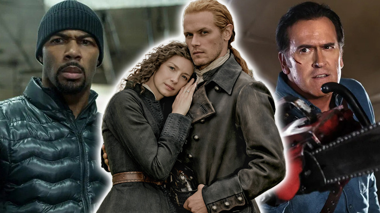 Jamie Fraser (Sam Heughan)and Claire Randall (Caitríona Balfe) in Outlander surrounded by Bruce Campbell in Ash vs Evil Dead and Omari Hardwick in Power in a composite image