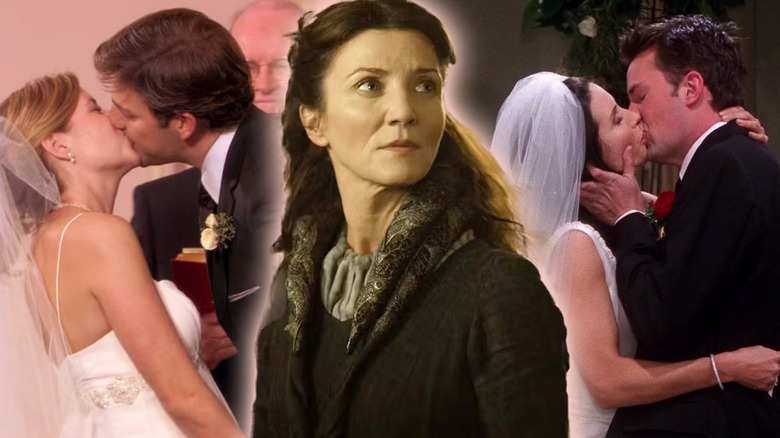 A collage of Catelyn Stark (Michelle Fairley) in Game of Thrones flanked by Pam Beesly (Jenna Fischer) kissing Jim Halpert (John Krasinski) in The Office (2005) on the left and Monica Geller (Courteney Cox) kissing Chandler Bing (Matthew Perry in Friends on the right