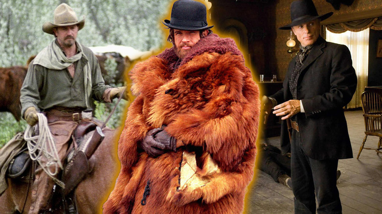 Warren Beatty in McCabe and Miller surrounded by Kevin Costner in Open Range and Ed Harris in Appaloosa in a composite image