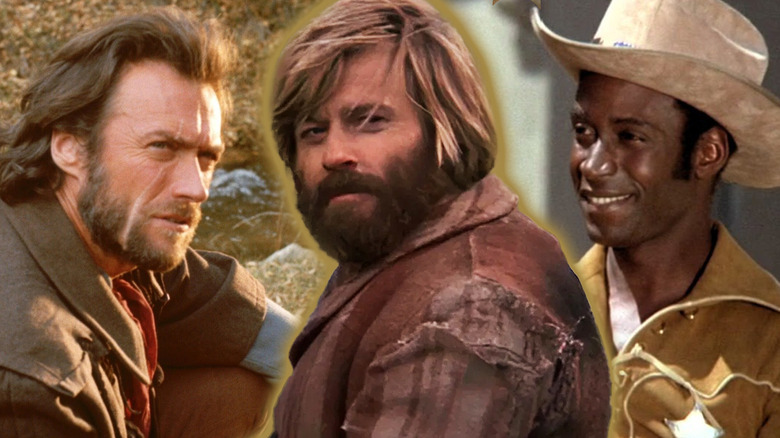 A collage of Josey Wales (Clint Eastwood) in The Outlaw Josey Wales, Jeremiah Johnson (Robert Redford) in Jeremiah Johnson, and Bart (Cleavon Little) in Blazing Saddles