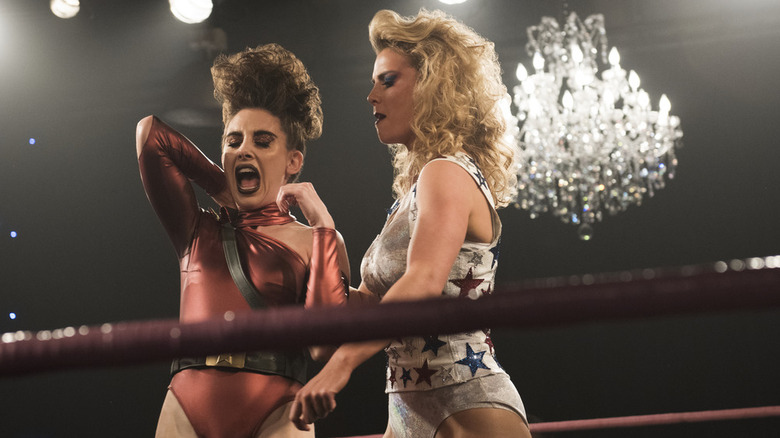 Alison Brie and Betty Gilpin as Ruth Wilder and Debbie Egan during a match in GLOW