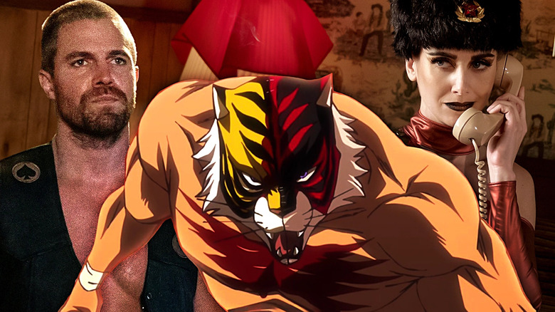 Stephen Amell as Jack Spade in Heels, Naoto Azuma AKA Tiger Mask from Tiger Mask W, and Alison Brie's Ruth as Zoya the Destroya on the phone in GLOW