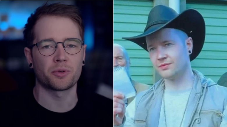 Daniel Middleton speaking to camera in a video/Middleton as an auctioneer in A Minecraft Movie