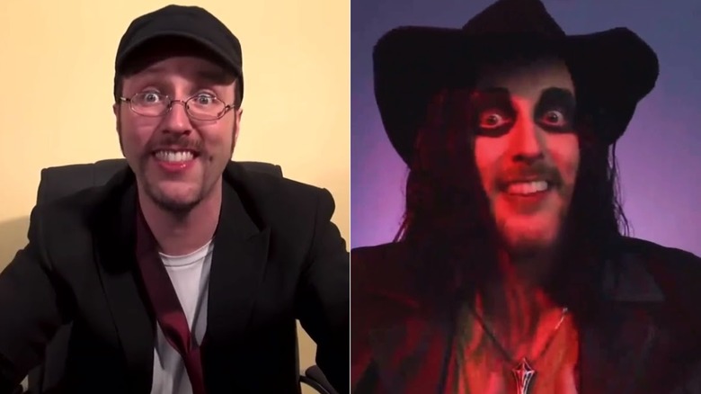 Doug Walker as the Nostalgia Critic speaking to camera; Walker as a demon hunter in Smiling Friends