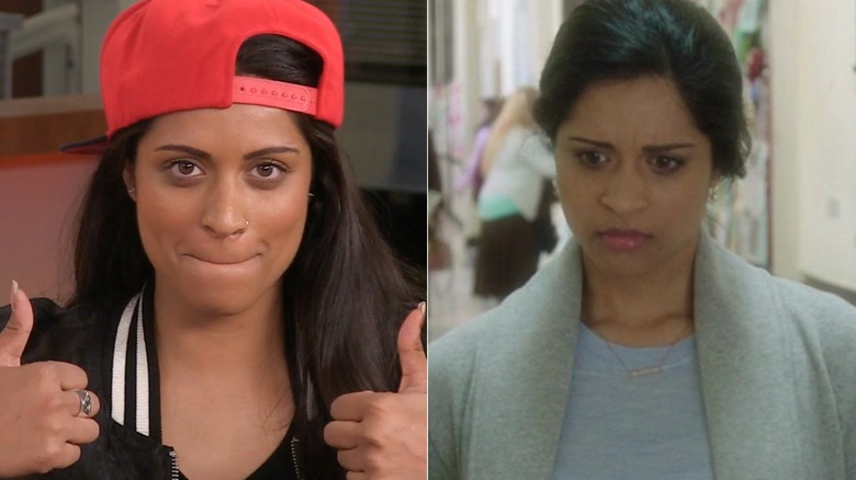 Lilly Singh giving two thumbs up in a vlog/Singh as Cathy in Bad Moms