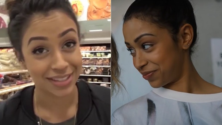 Lisa Koshy vlogging in a grocery store/Koshy smirking as Jasmine in Work It