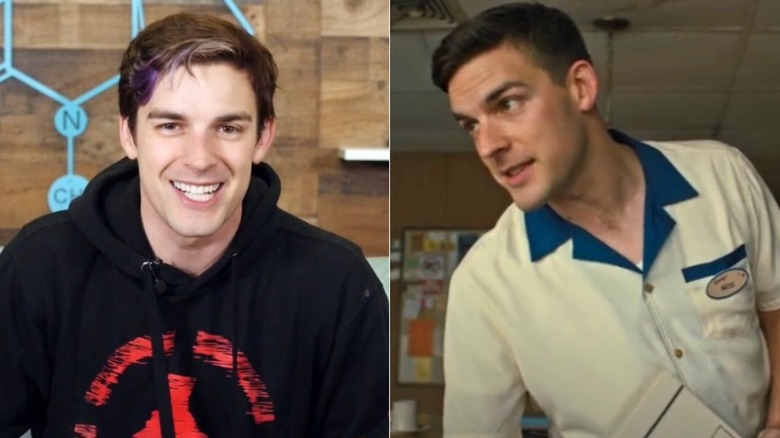 Matthew Patrick facing the camera in a video; Patrick as a waiter in Five Nights at Freddy's