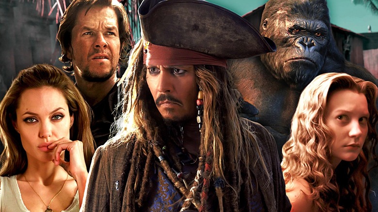 Angelina Jolie, Mark Wahlberg, Johnny Depp, King Kong, and Mia Wasikowska together in a composite photo.