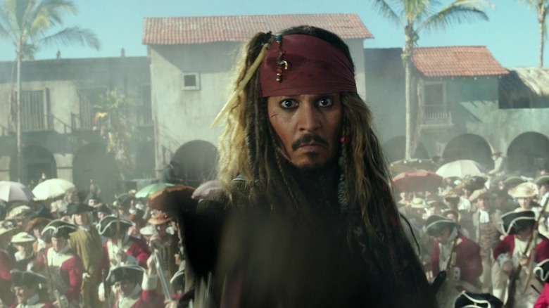 Captain Jack (Johnny Depp) looks concerned in Pirates of the Caribbean: Dead Men Tell No Tales