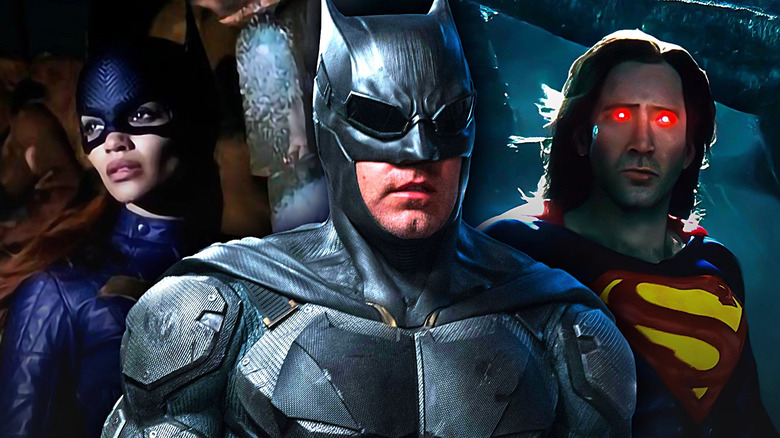 A collage of Leslie Grace as Batgirl, Ben Affleck as Batman in Justice League, and Nicolas Cage as Superman in The Flash