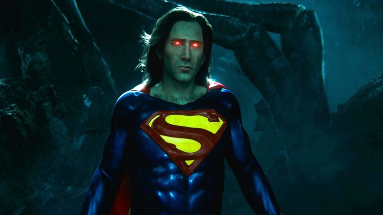 Nicolas Cage as Superman with glowing red eyes in The Flash