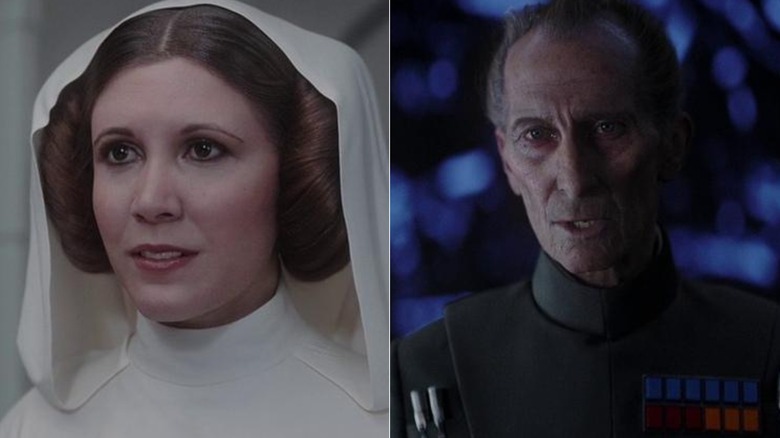 Princess Leia (Carrie Fisher) next to Grand Moff Tarkin (Peter Cushing) in Rogue One: A Star Wars Story