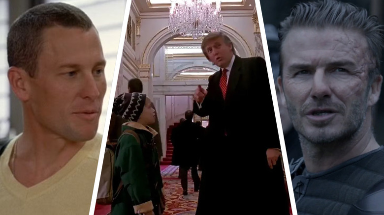 Lance Armstrong in Dodgeball, Donald Trump in Home Alone 2, David Beckham in King Arthur in a composite image