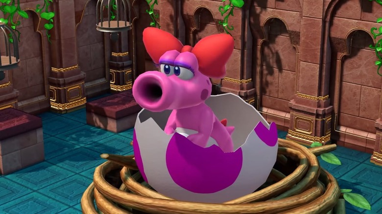 A giant Birdo hatching from a pink egg in Super Mario RPG