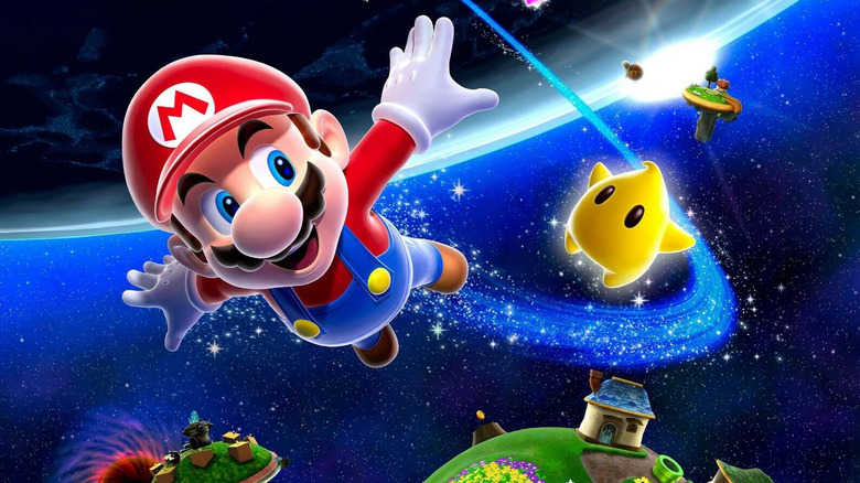 Super Mario Galaxy video game promotional artwork with Mario flying through space