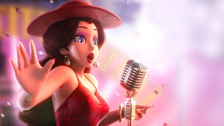 Pauline performing at a microphone in Super Mario Odyssey