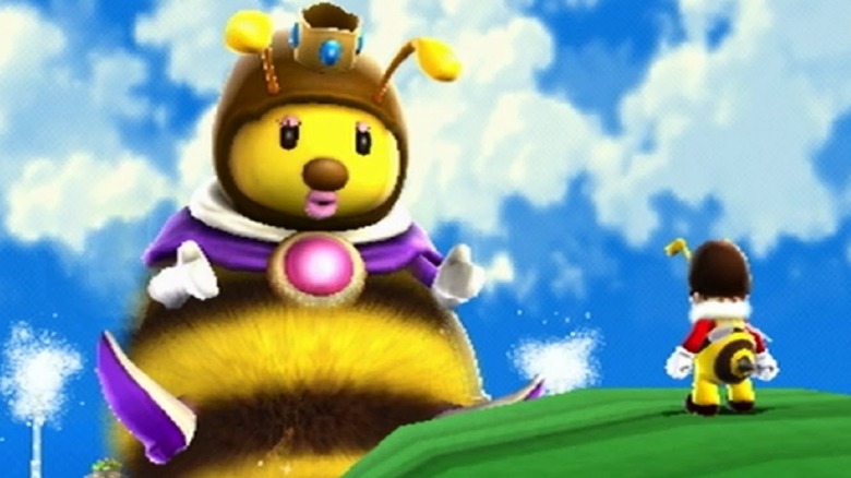 Queen Bee taking to Bee Mario standing on a leaf in Mario Galaxy