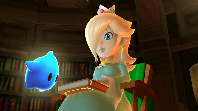 Rosalina sitting with a blue Luma in the library in Super Mario Galaxy 2