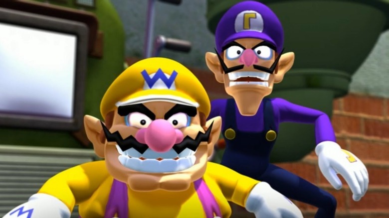 Wario and Waluigi standing together in a cutscene from Mario Power Tennis