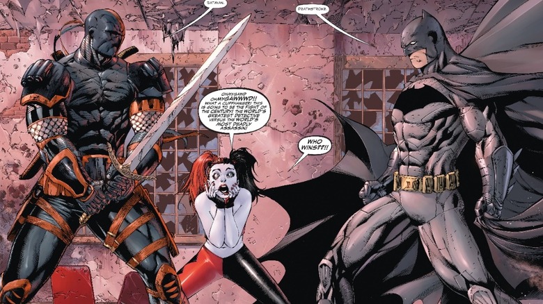Deathstroke confronts Batman while Harley Quinn watches